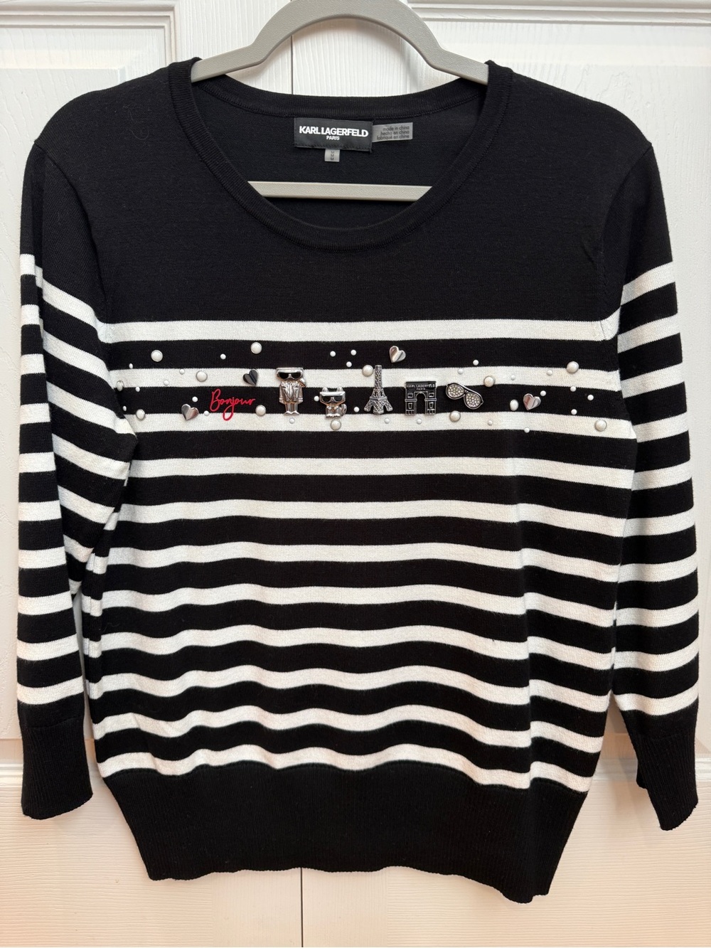 Karl Lagerfeld Black & White Striped Crewneck Sweater with Embellishments
